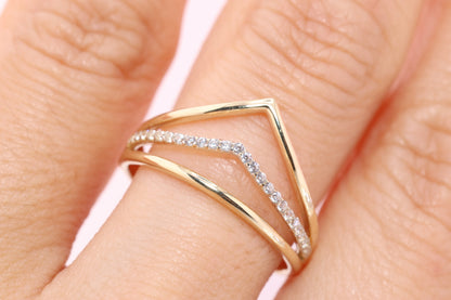 14K Gold Triple CZ Chevron Ring