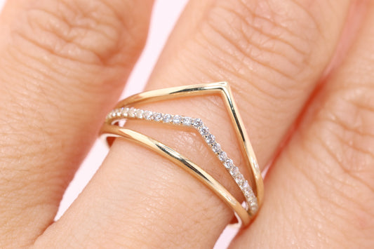 14K Gold Triple CZ Chevron Ring