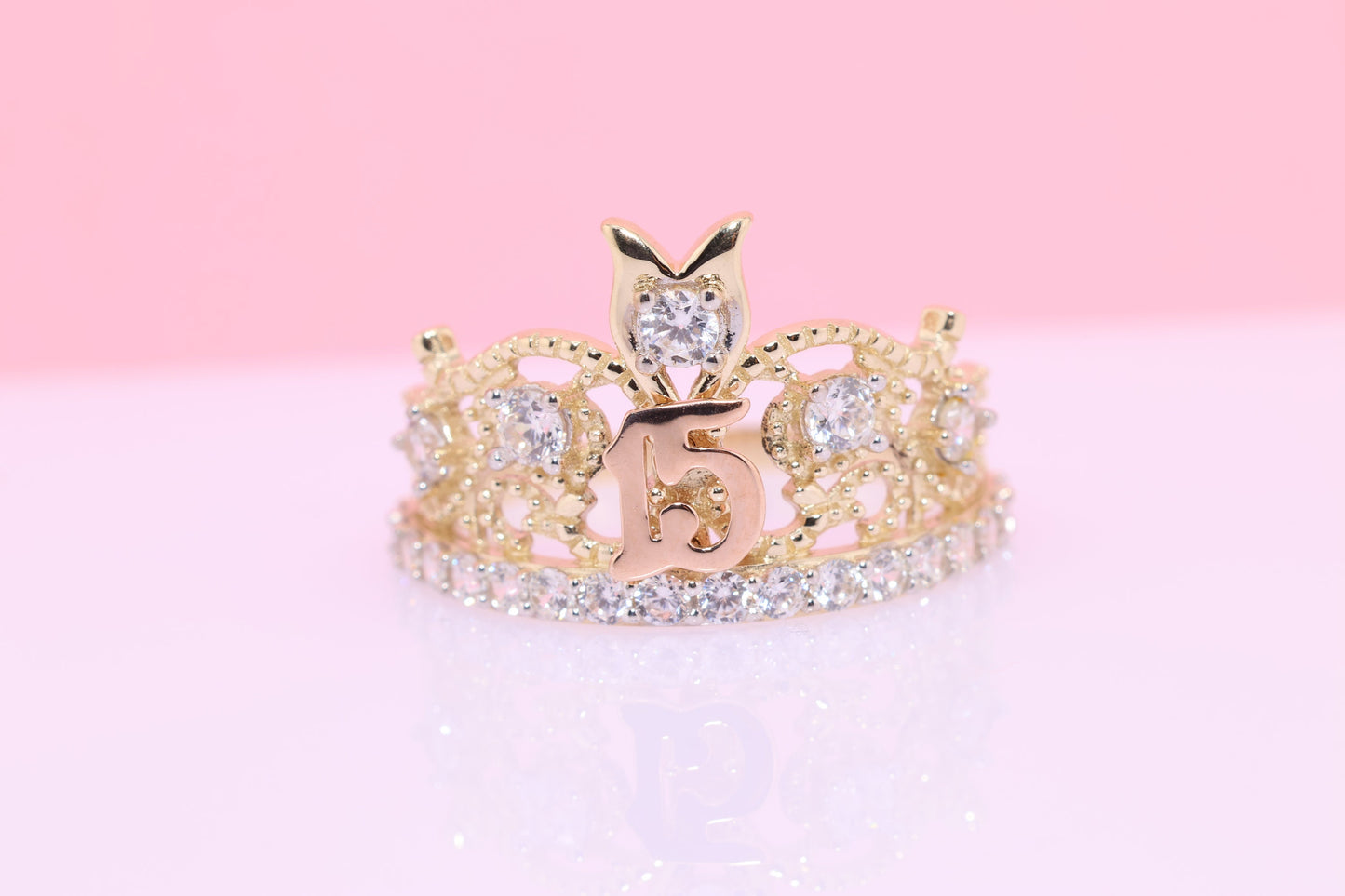 14K Gold 15 Anos Quinceanera Crown Ring OO