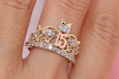 14K Gold 15 Anos Quinceanera Crown Ring OO