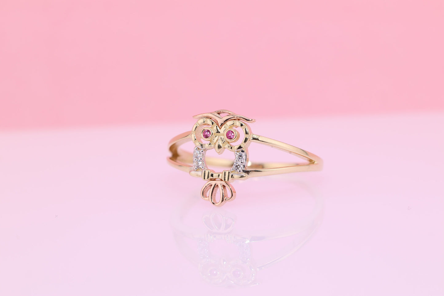 14k Gold Tiny Cute Owl CZ Ring C