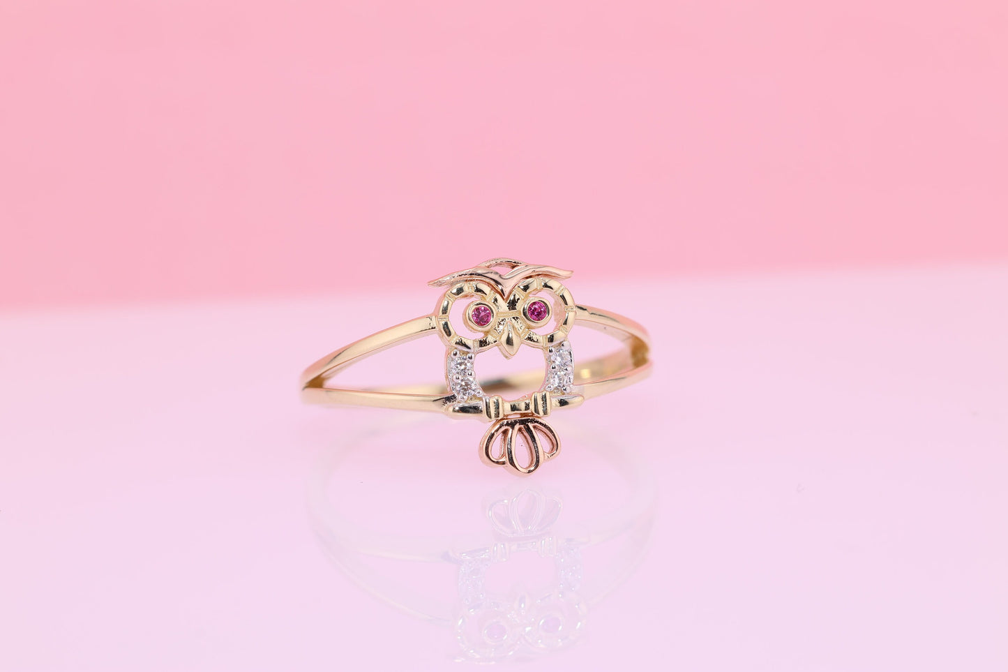 14k Gold Tiny Cute Owl CZ Ring C