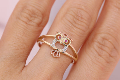 14k Gold Tiny Cute Owl CZ Ring C