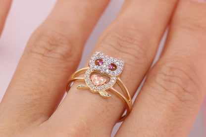 14k Gold Tiny Cute Owl CZ Ring B