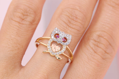 14k Gold Tiny Cute Owl CZ Ring B