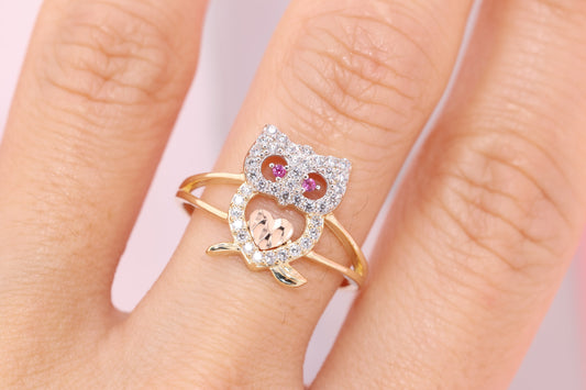 14k Gold Tiny Cute Owl CZ Ring B