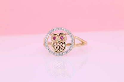 14k Gold Tiny Cute Owl CZ Ring A