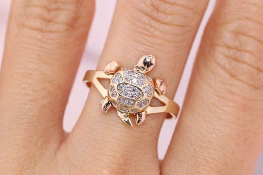 14k Gold Tiny Cute Tortoise CZ Ring A