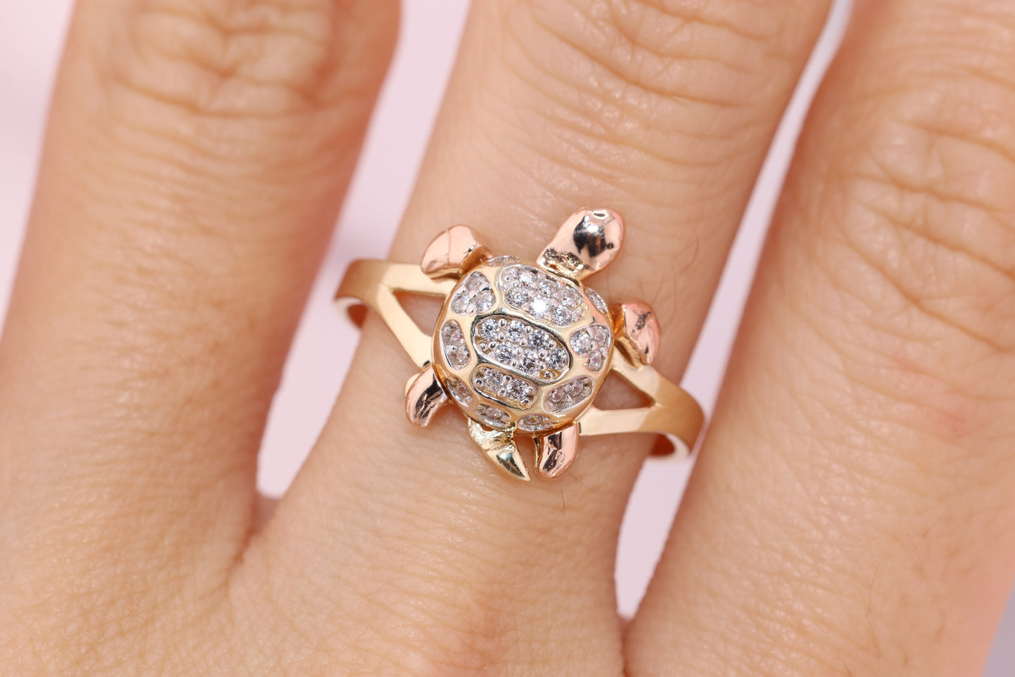 14k Gold Tiny Cute Tortoise CZ Ring A