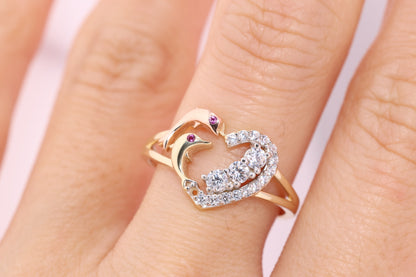 14k Gold CZ Dolphin Ring