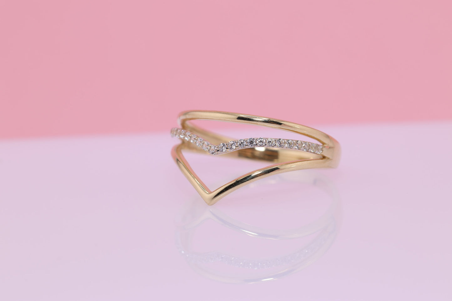 14K Gold Triple CZ Chevron Ring