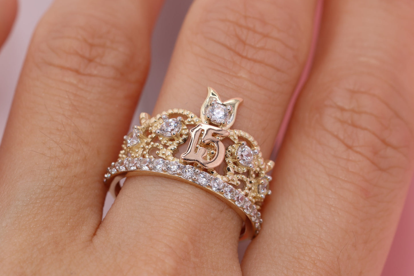 14K Gold 15 Anos Quinceanera Crown Ring OO