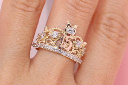 14K Gold 15 Anos Quinceanera Crown Ring OO