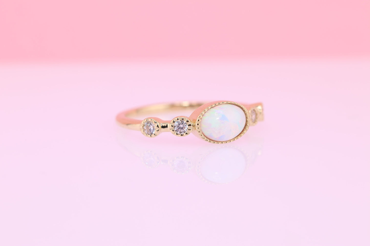 14k Solid Gold Oval Opal CZ Ring