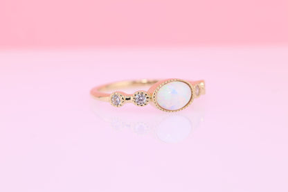 14k Solid Gold Oval Opal CZ Ring