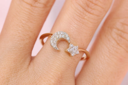 14k Solid Gold Moon Star CZ Ring