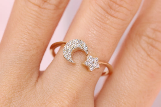 14k Solid Gold Moon Star CZ Ring