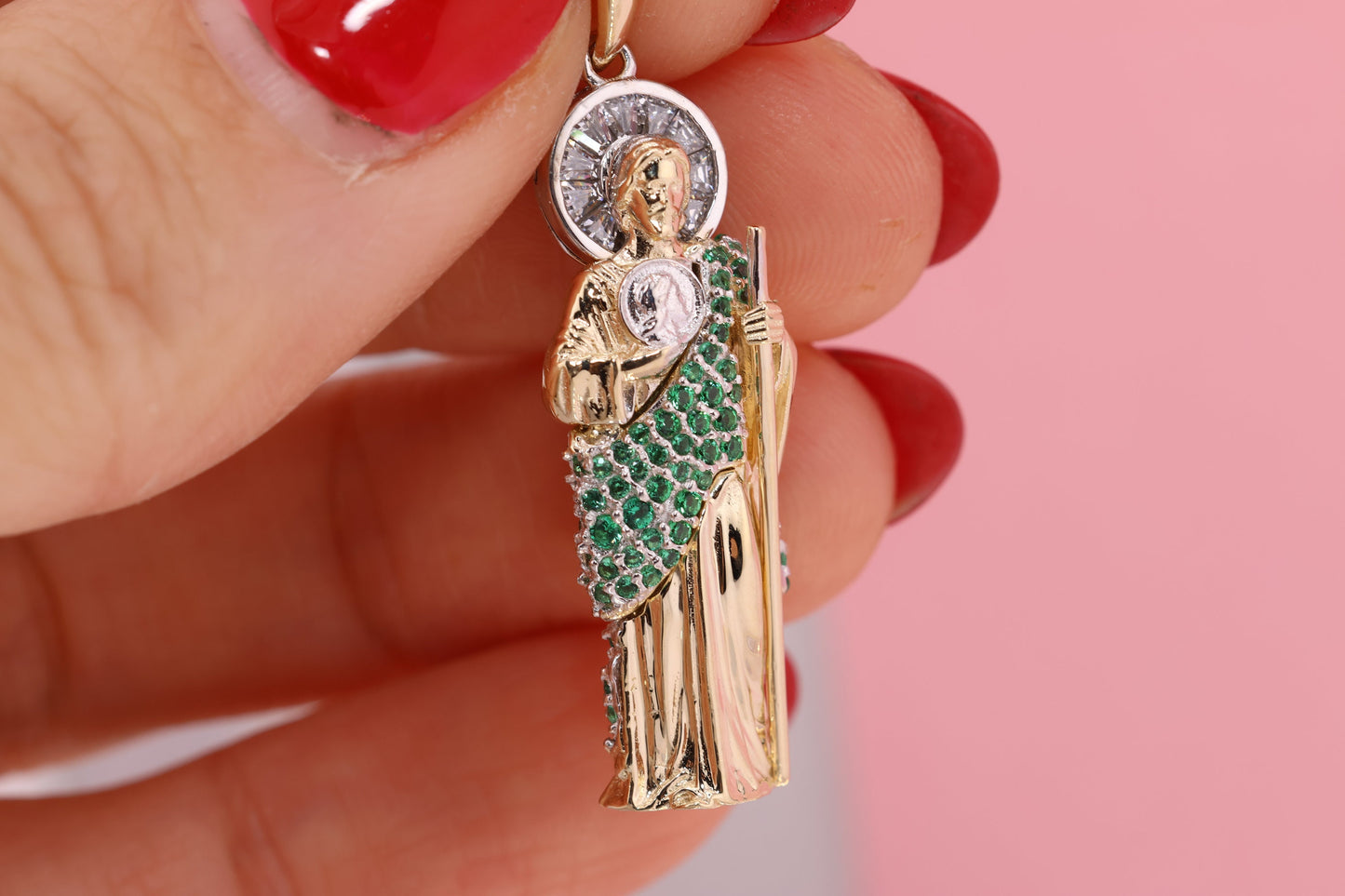 14K 3D Tri Color Cubic Zirconia Saint Jude Pendant