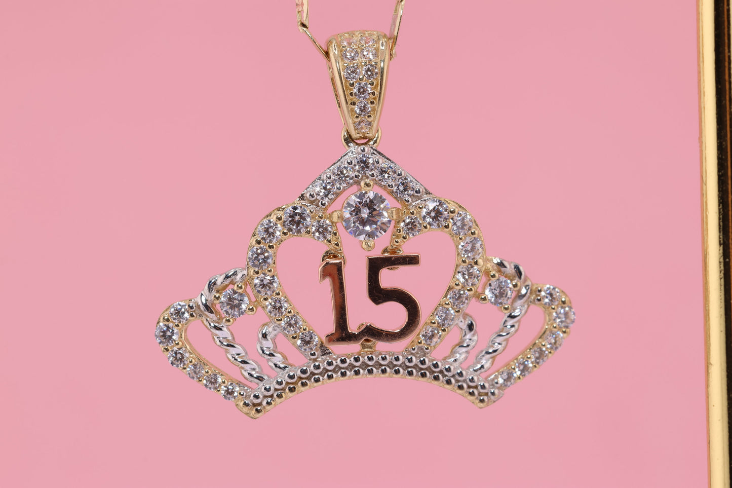 14K Gold 15 Anos Quinceanera Crown Pendant F