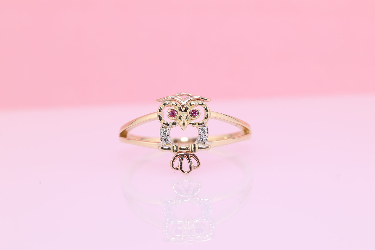 14k Gold Tiny Cute Owl CZ Ring C