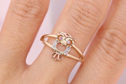 14k Gold Tiny Cute Owl CZ Ring C