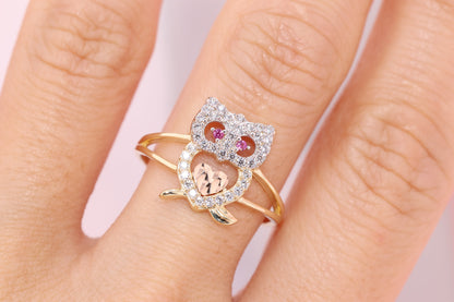 14k Gold Tiny Cute Owl CZ Ring B