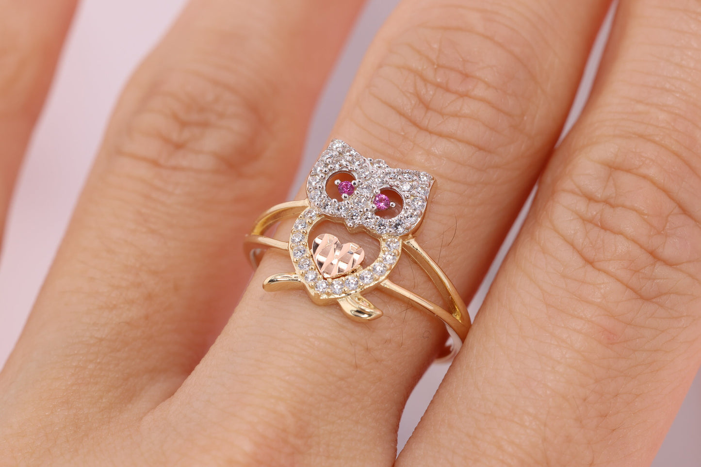 14k Gold Tiny Cute Owl CZ Ring B