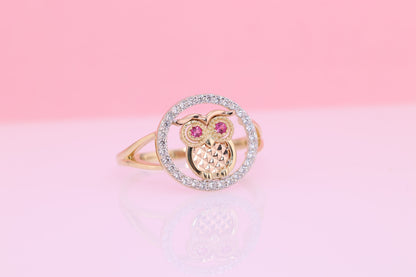 14k Gold Tiny Cute Owl CZ Ring A