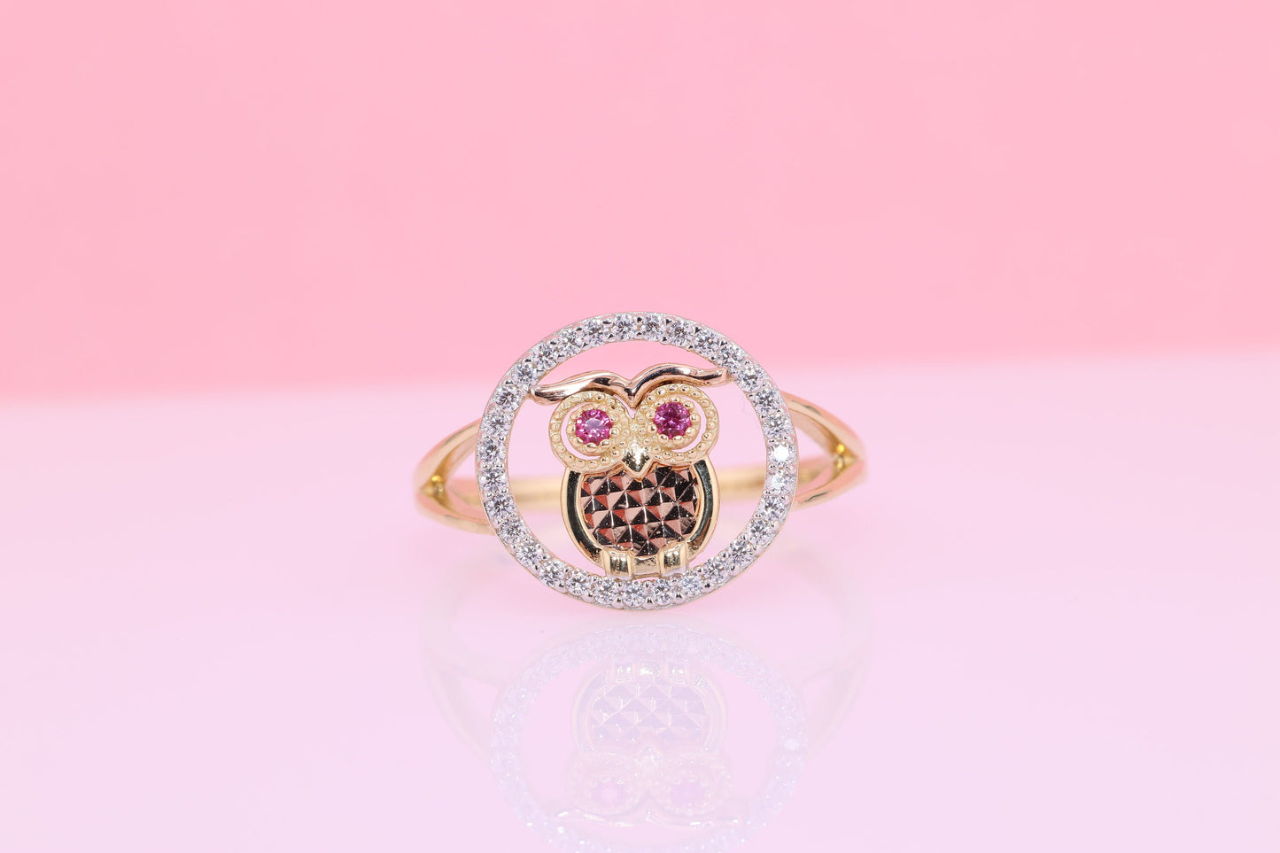 14k Gold Tiny Cute Owl CZ Ring A