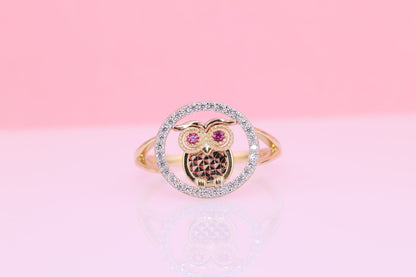 14k Gold Tiny Cute Owl CZ Ring A