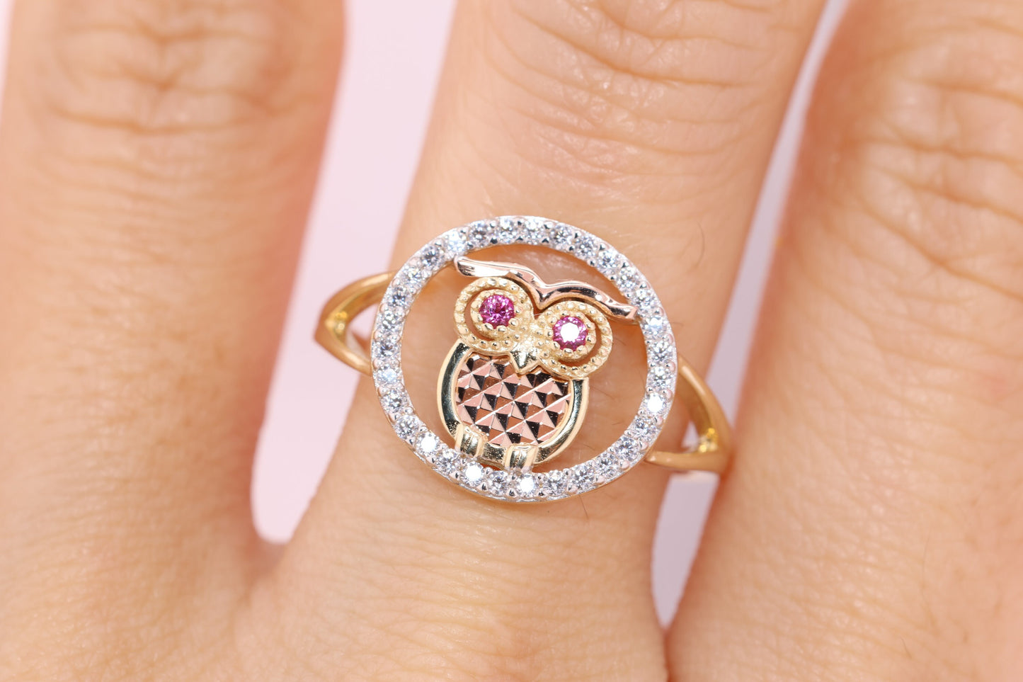 14k Gold Tiny Cute Owl CZ Ring A