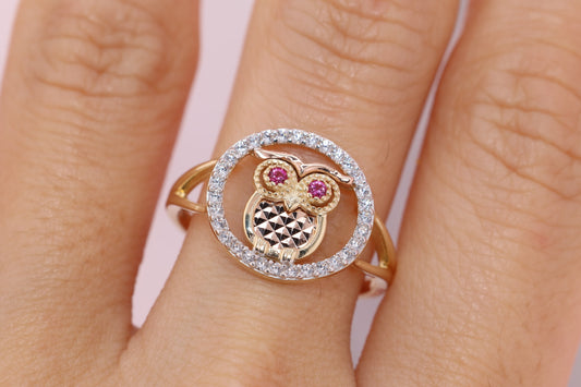 14k Gold Tiny Cute Owl CZ Ring A