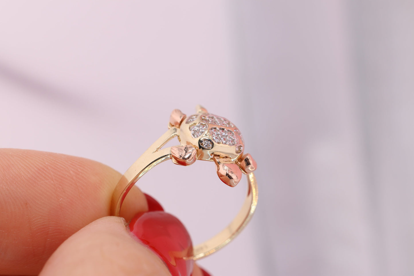 14k Gold Tiny Cute Tortoise CZ Ring A