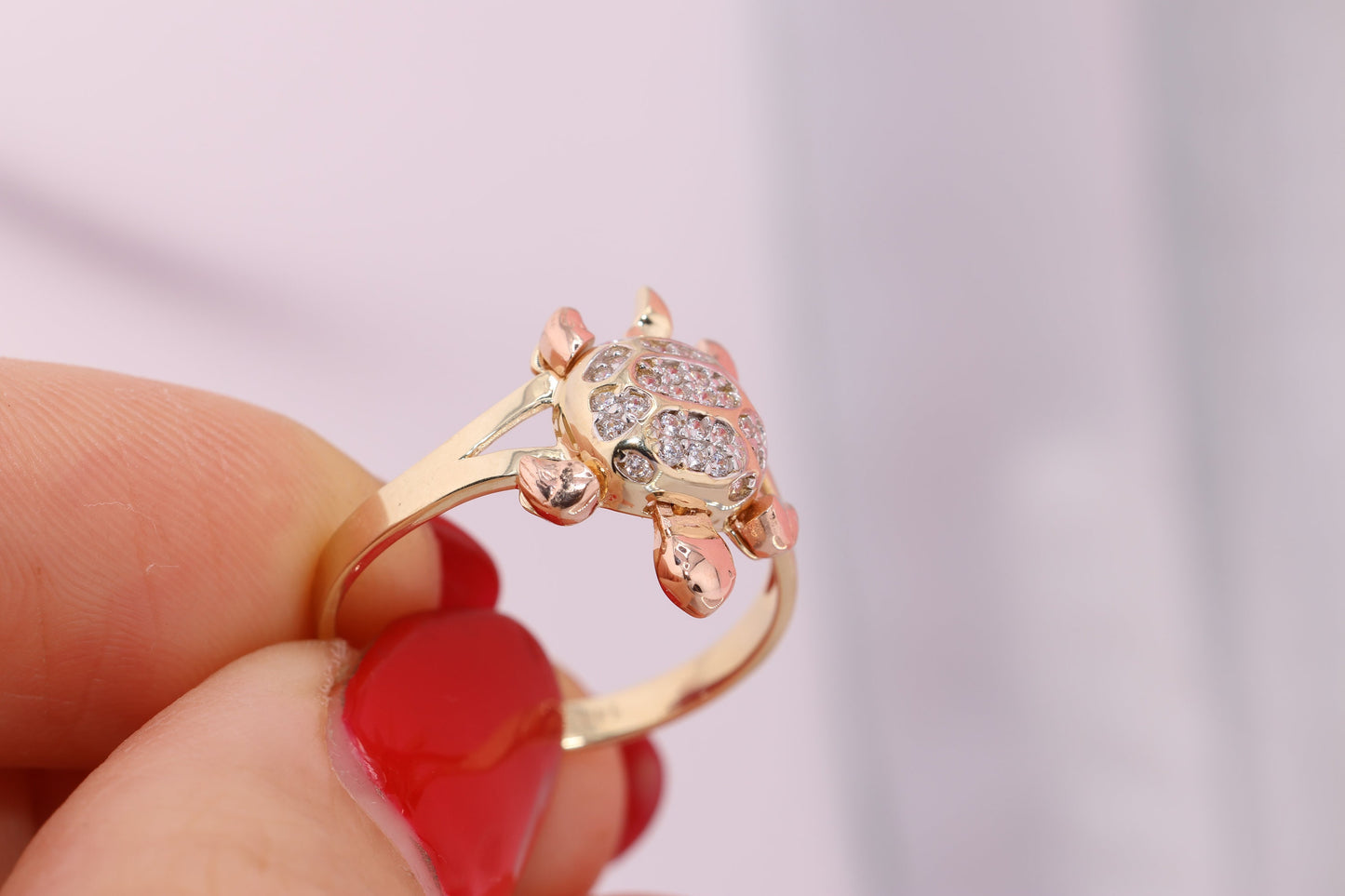 14k Gold Tiny Cute Tortoise CZ Ring A