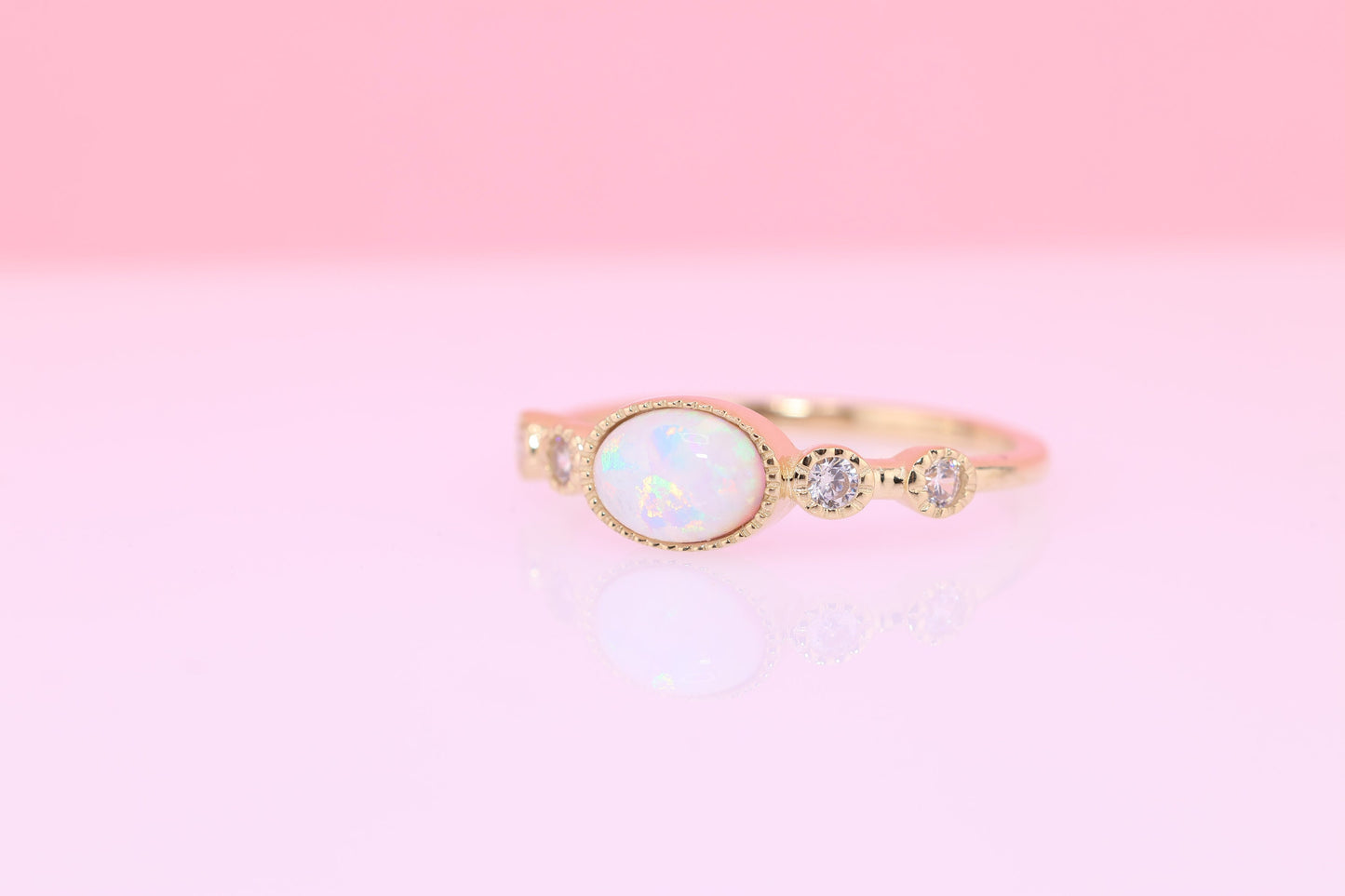 14k Solid Gold Oval Opal CZ Ring