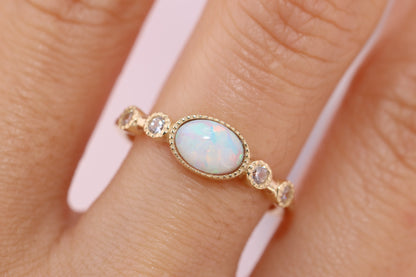 14k Solid Gold Oval Opal CZ Ring