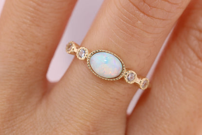 14k Solid Gold Oval Opal CZ Ring