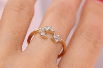 14k Solid Gold Moon Star CZ Ring