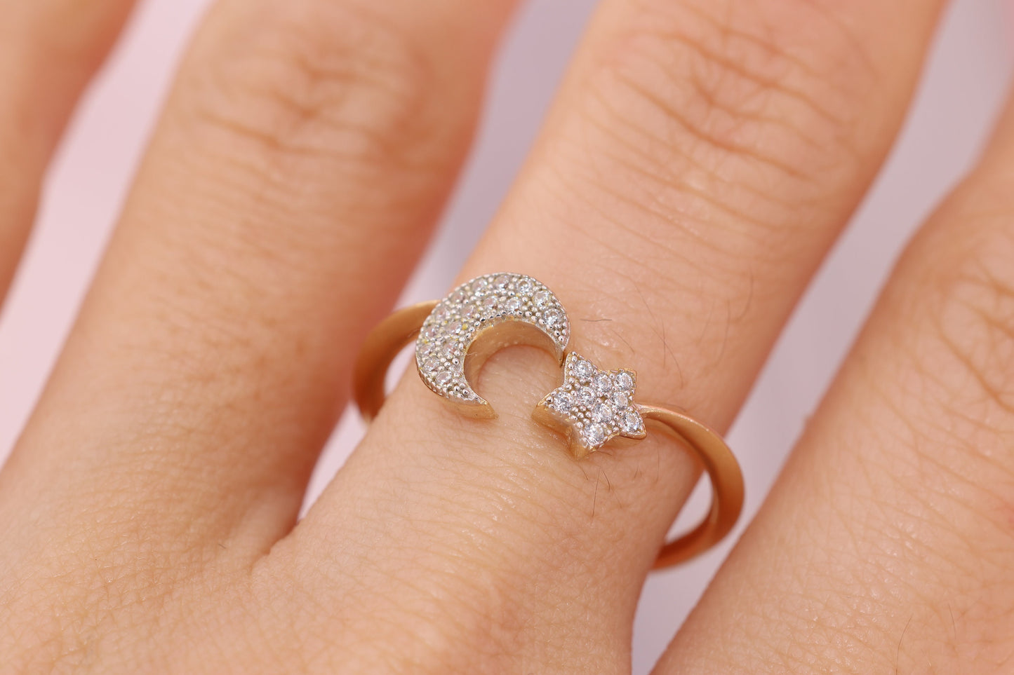 14k Solid Gold Moon Star CZ Ring