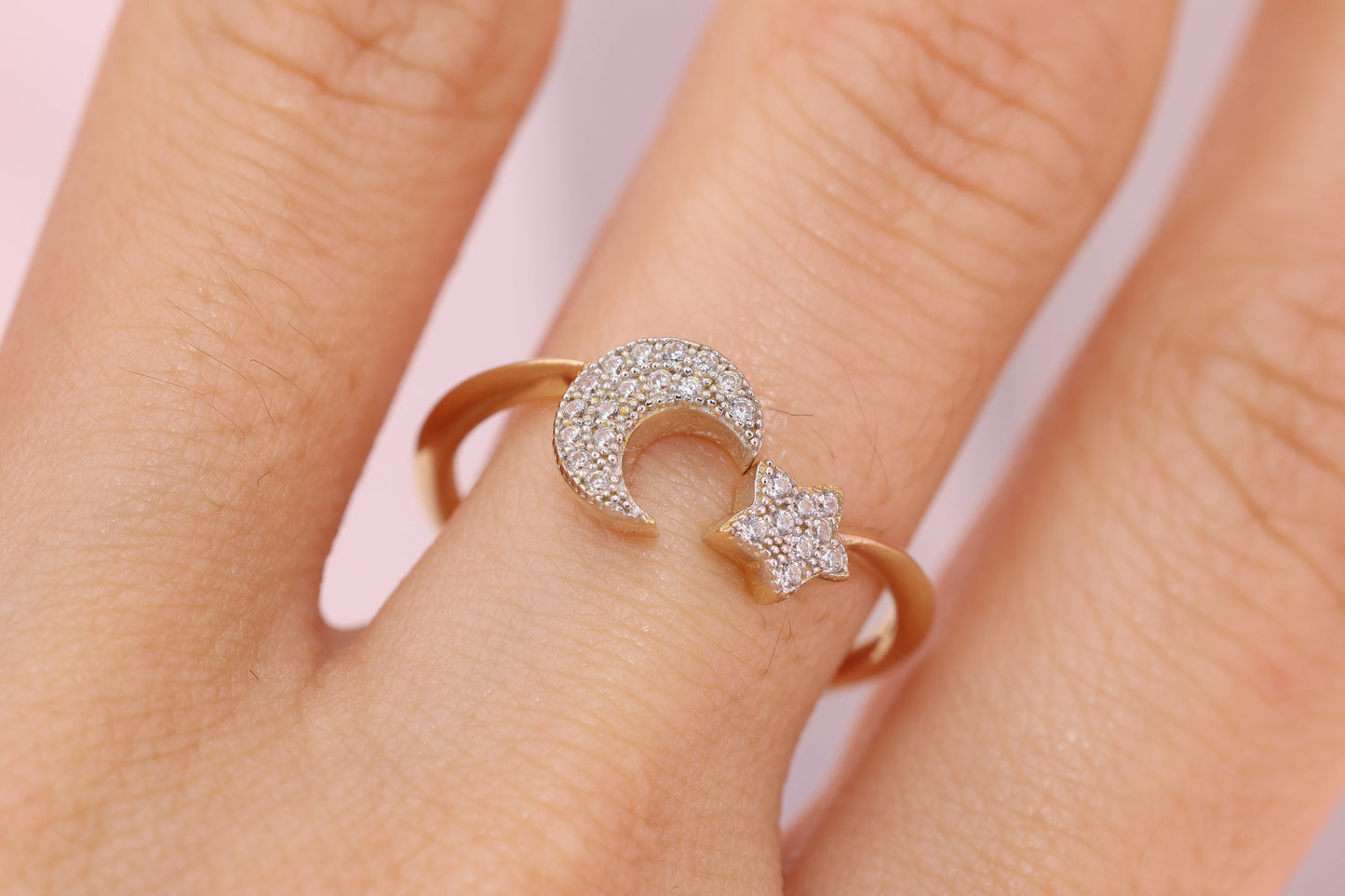 14k Solid Gold Moon Star CZ Ring