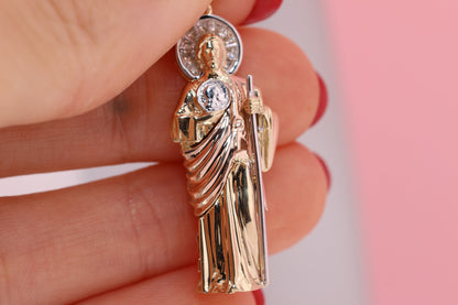 14K 3D Tri Color Cubic Zirconia Saint Jude Pendant