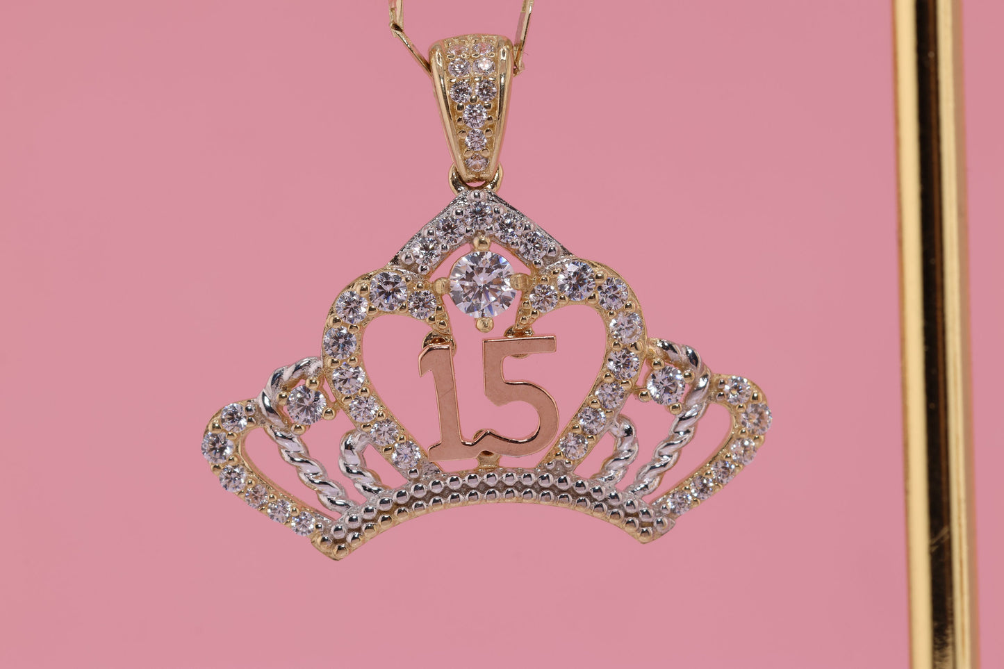 14K Gold 15 Anos Quinceanera Crown Pendant F