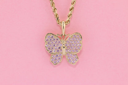 10k Solid Gold Heart Pink  CZ Butterfly  Pendant