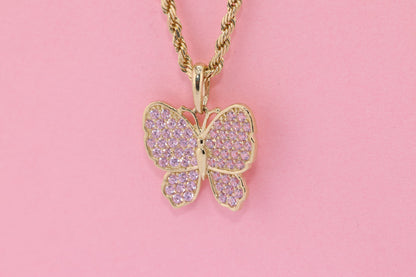 10k Solid Gold Heart Pink  CZ Butterfly  Pendant