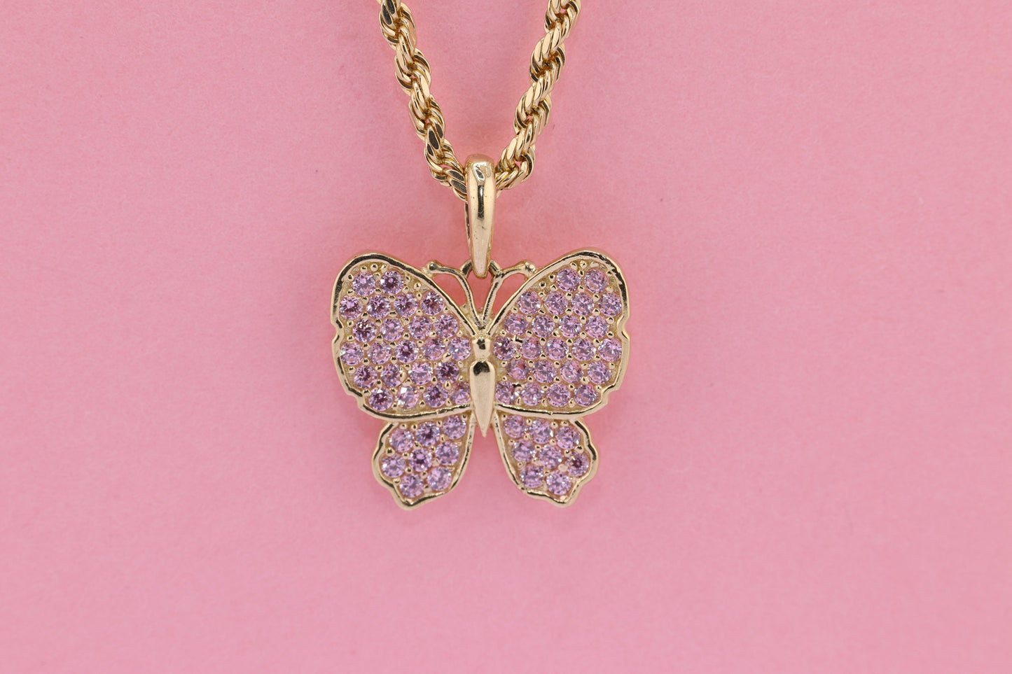 10k Solid Gold Heart Pink  CZ Butterfly  Pendant