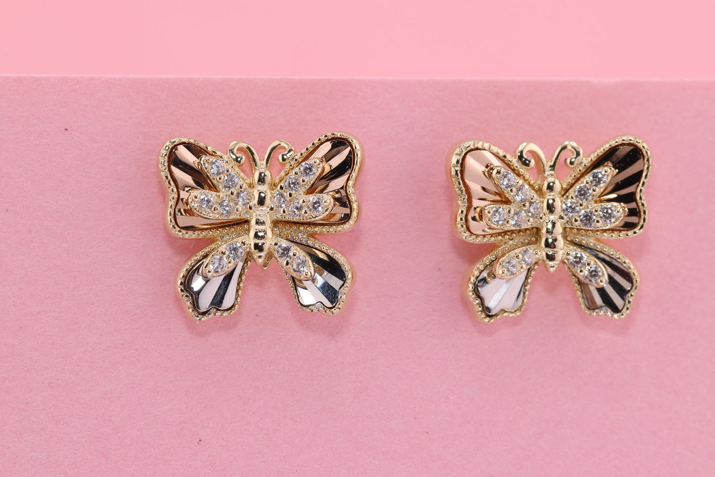 14k Solid Gold Two Tone Color Butterfly Push Back Stud Earrings F