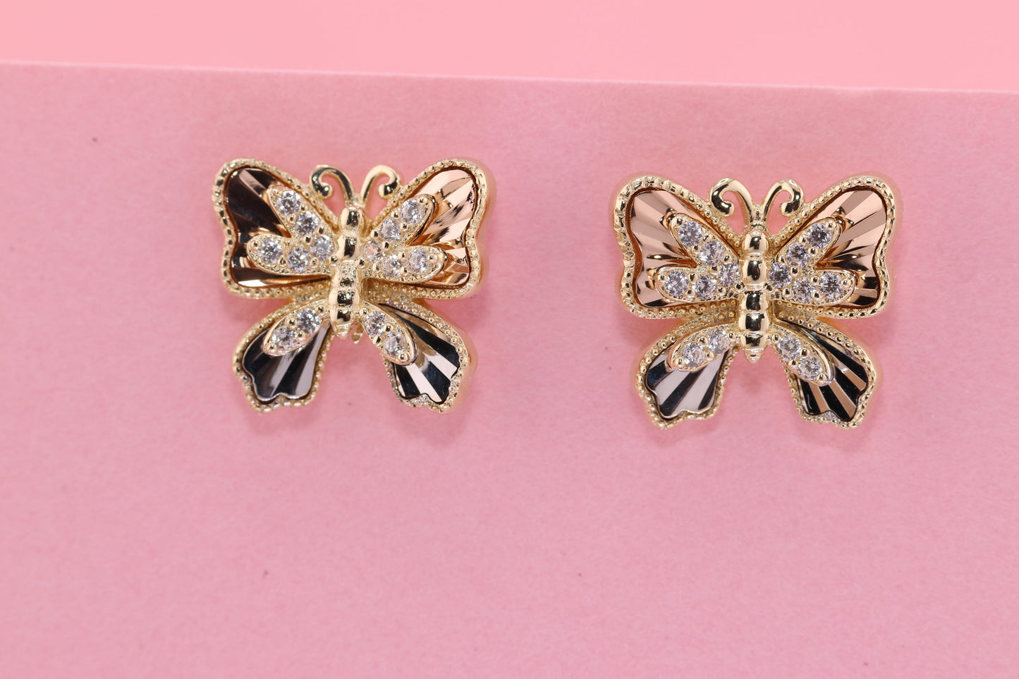 14k Solid Gold Two Tone Color Butterfly Push Back Stud Earrings F