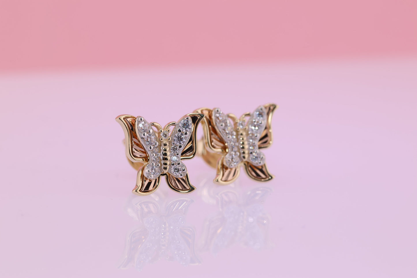 14k Solid Gold Two Tone Color Butterfly Push Back Stud Earrings D