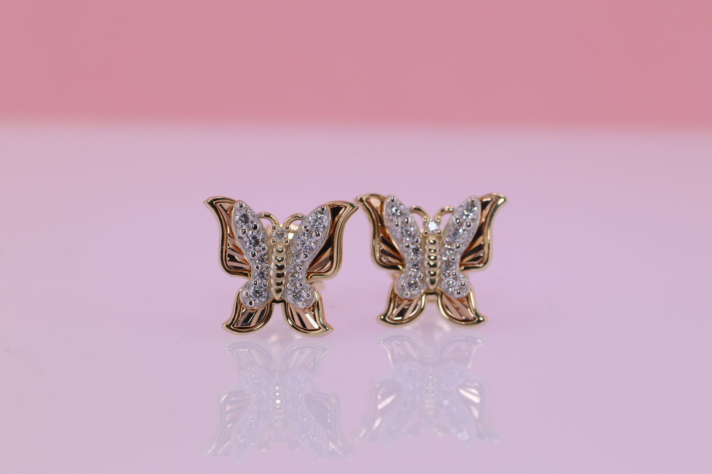 14k Solid Gold Two Tone Color Butterfly Push Back Stud Earrings D