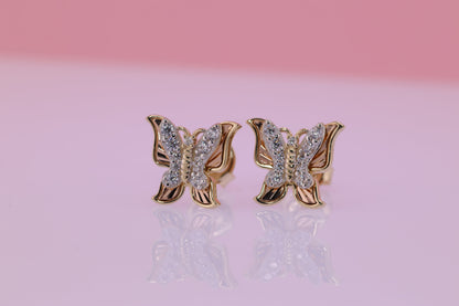 14k Solid Gold Two Tone Color Butterfly Push Back Stud Earrings D